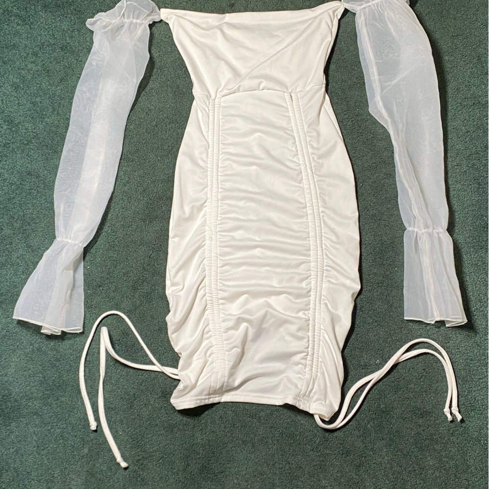 Elegant White Dress with Mesh Sleeves & Adjustable Length Straps